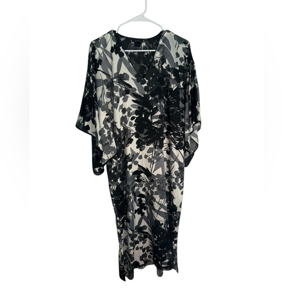 Natori Black Gray and White Floral Silk Kaftan Maxi Dress (Small)